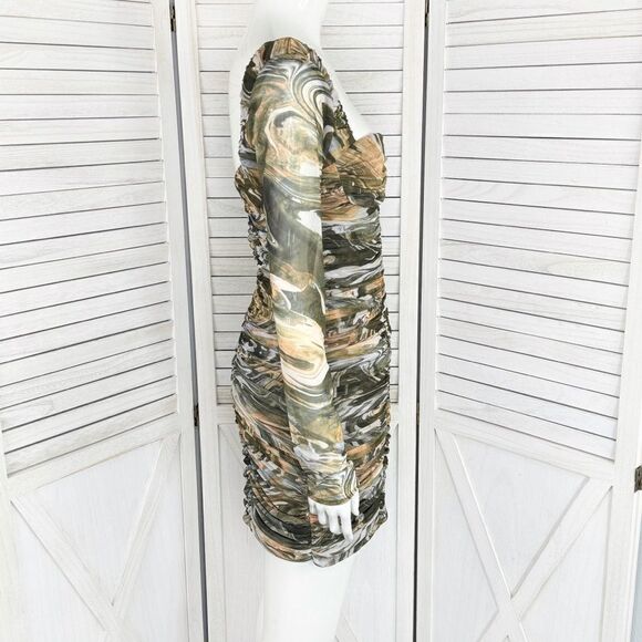 Zara Sheath Dress Marbled Ruched Draped Tulle Mini Khaki Green Orange Small - Picture 4 of 16